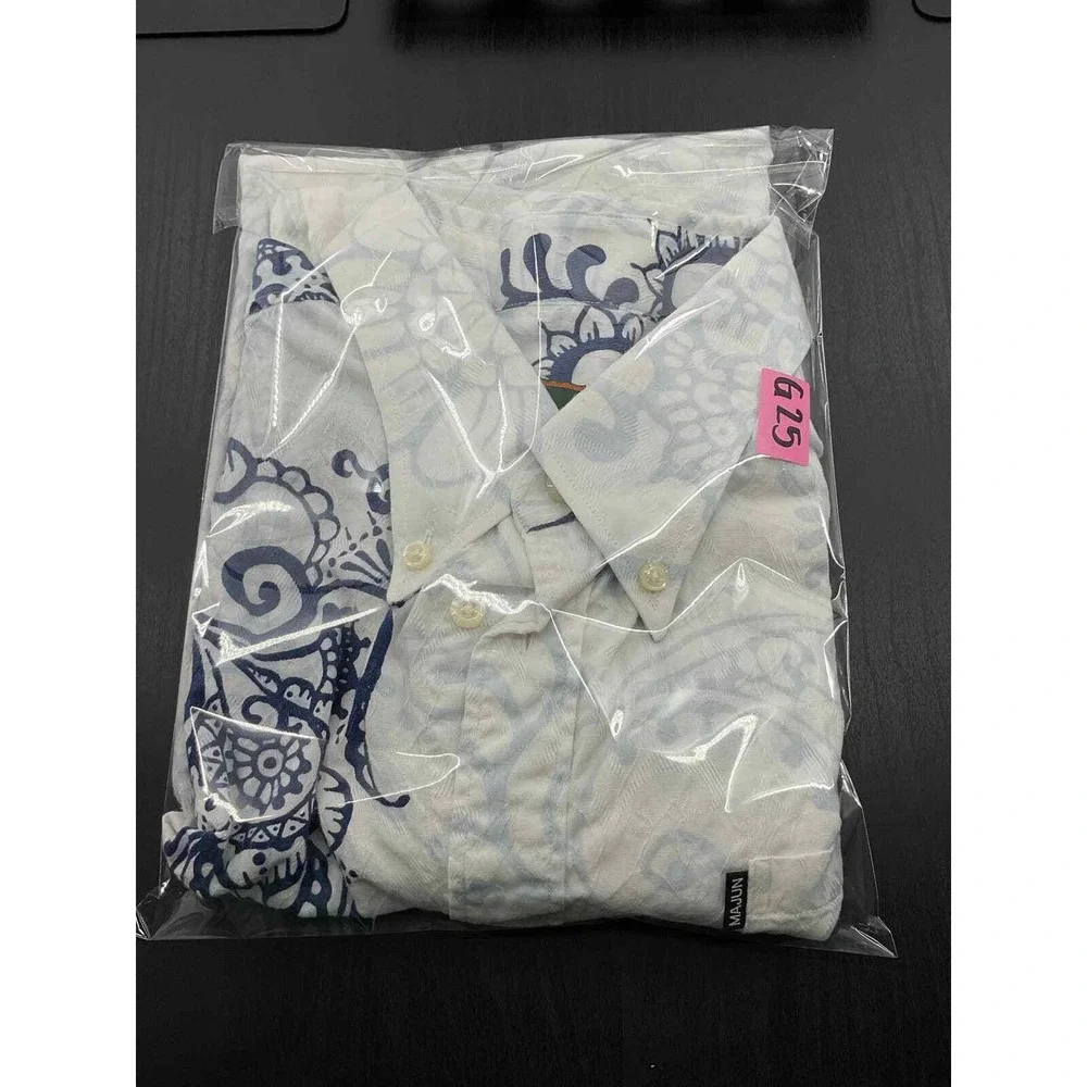 Majun Japan Mens 3L Short Sleeve Paisley Floral Jacquard Button Down Shirt White